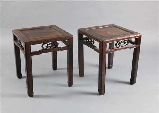 A pair of Chinese hongmu square tables, 19th century, 41cm square, 48.5cm high, slight faults
